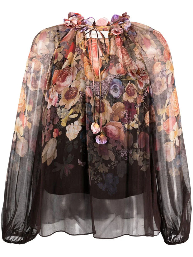 ZIMMERMANN - gathered-neck floral-print blouse