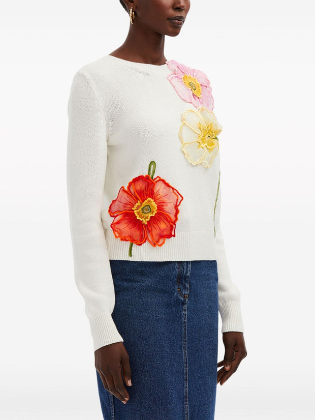 OSCAR DE LA RENTA - Painted Poppies-embroidered cotton jumper