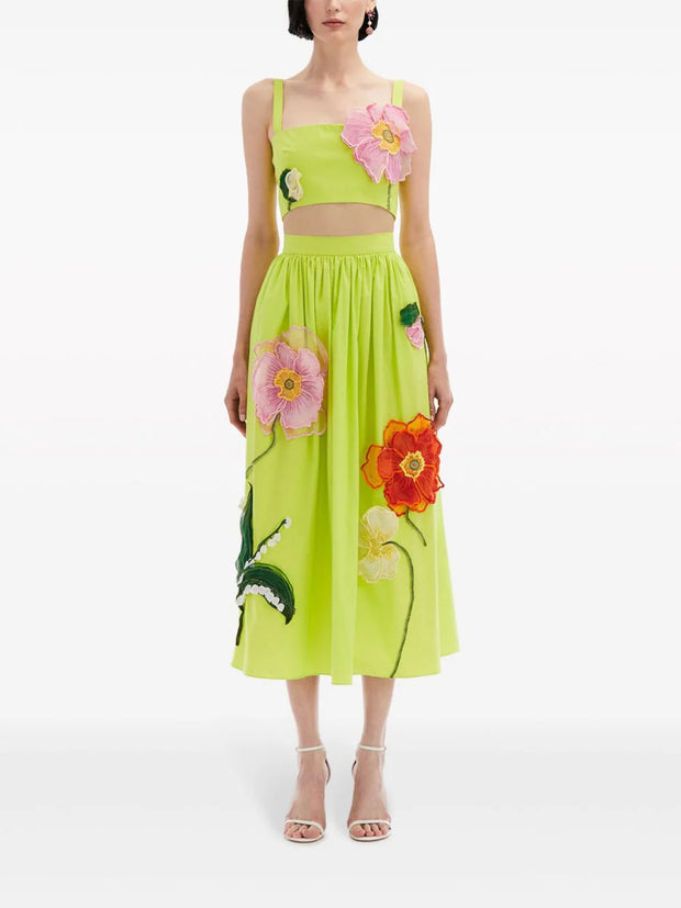 OSCAR DE LA RENTA - floral-appliqué cotton midi skirt