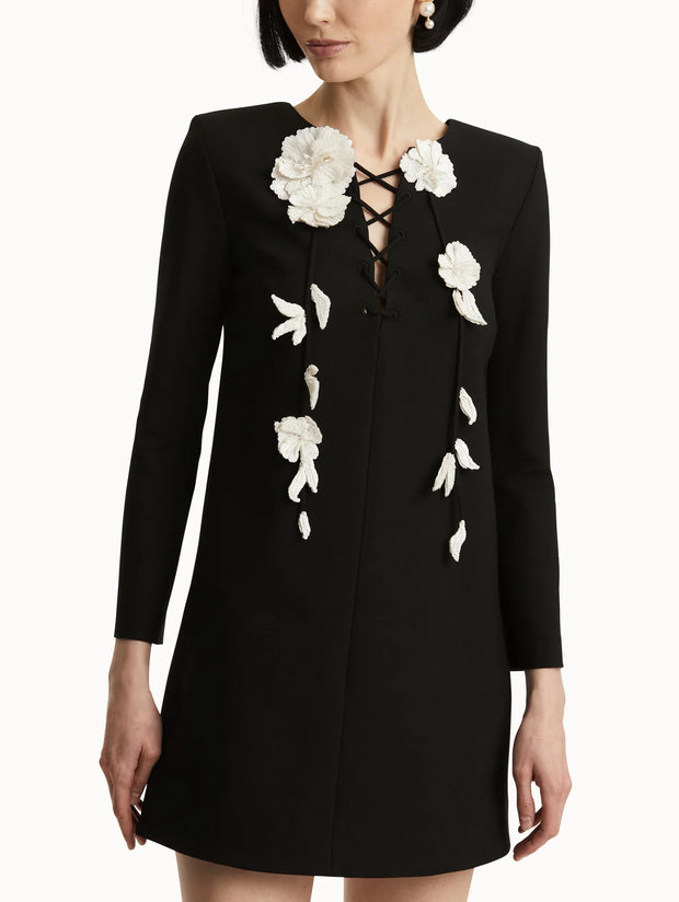 Oscar de la Renta - Black Floral Lace Up Shift Dress