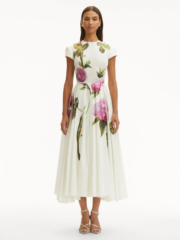 Oscar de la Renta - White Painted Roses Cotton Dress