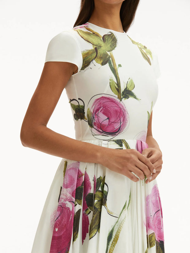 Oscar de la Renta - White Painted Roses Cotton Dress