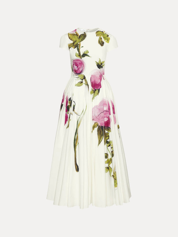 Oscar de la Renta - White Painted Roses Cotton Dress