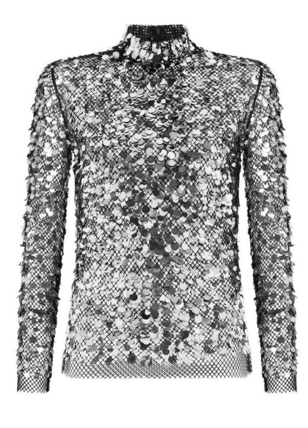 TOM FORD - SEQUIN EMBROIDERED MESH MOCK NECK TOP