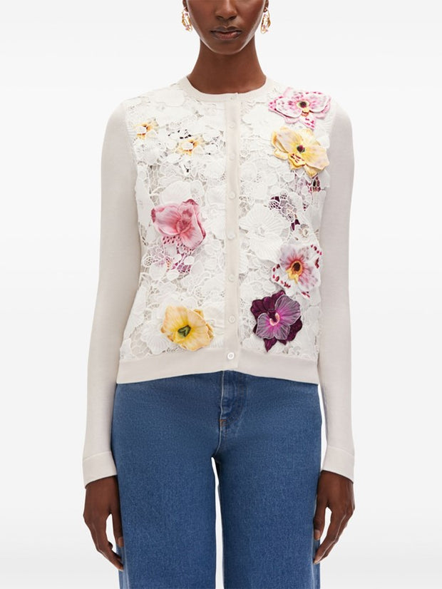 OSCAR DE LA RENTA - Orchid Threadwork Inset Cardigan