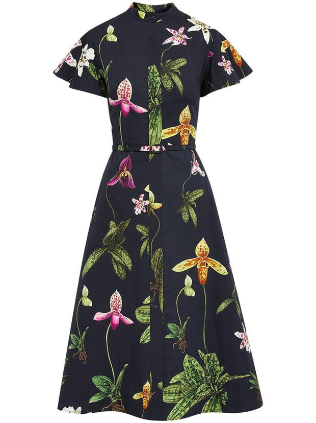 OSCAR DE LA RENTA - Orchid Short-Sleeved Cotton Poplin Dress