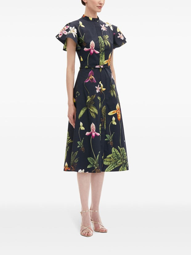 OSCAR DE LA RENTA - Orchid Short-Sleeved Cotton Poplin Dress