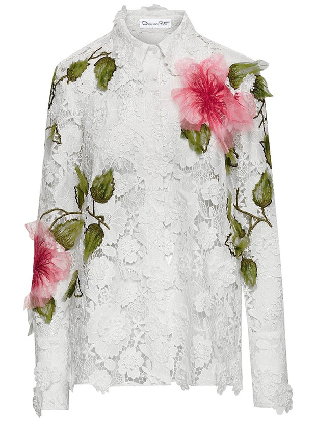 OSCAR DE LA RENTA - Hibiscus-Embroidered Floral-Lace Blouse