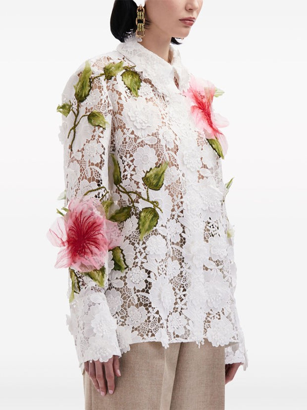 OSCAR DE LA RENTA - Hibiscus-Embroidered Floral-Lace Blouse