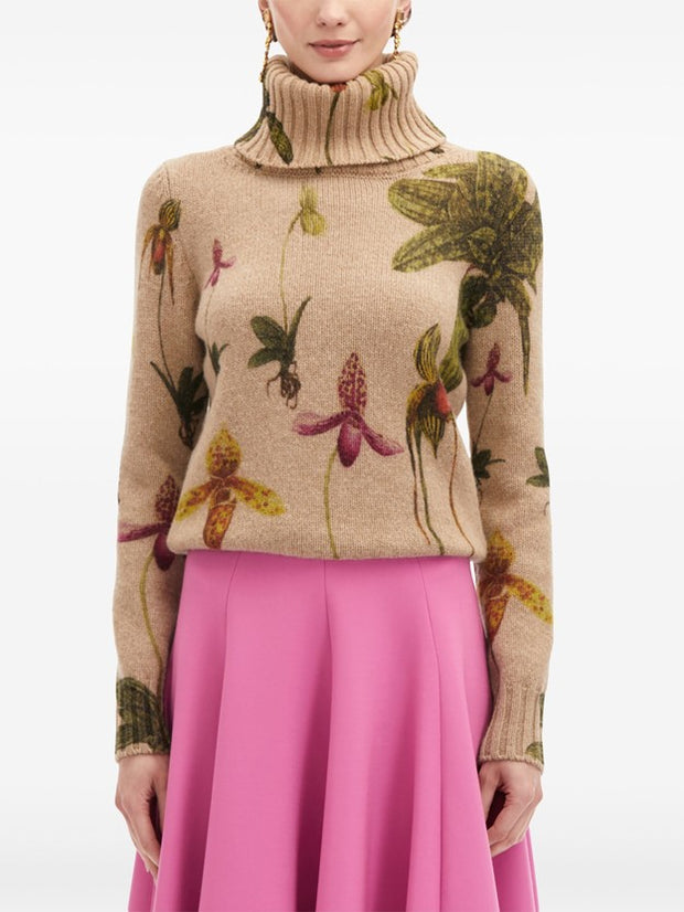 OSCAR DE LA RENTA - Orchid-Print Roll-Neck Sweater