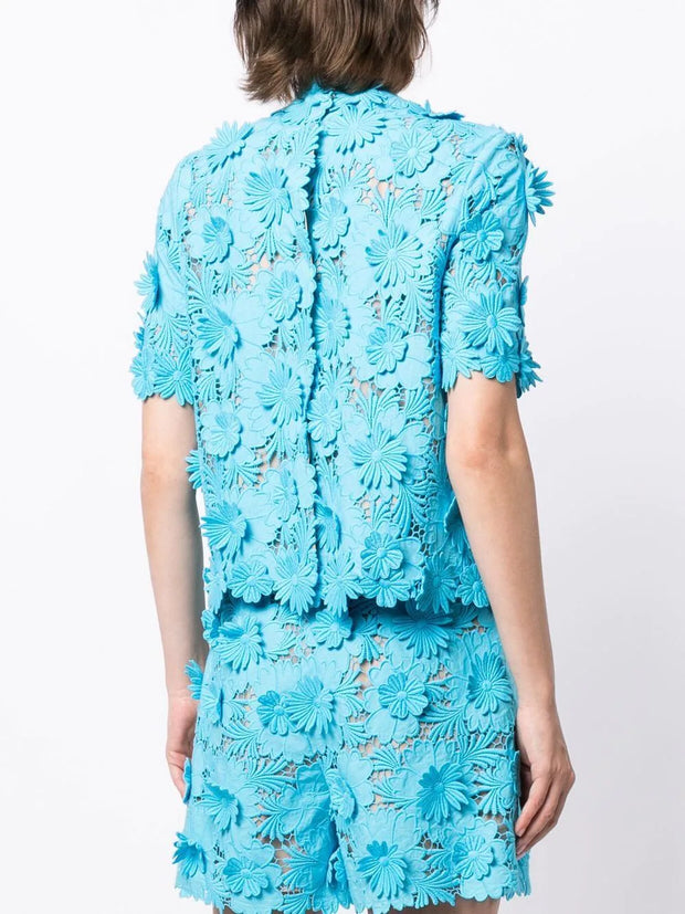 OSCAR DE LA RENTA - floral-lace short-sleeved blouse